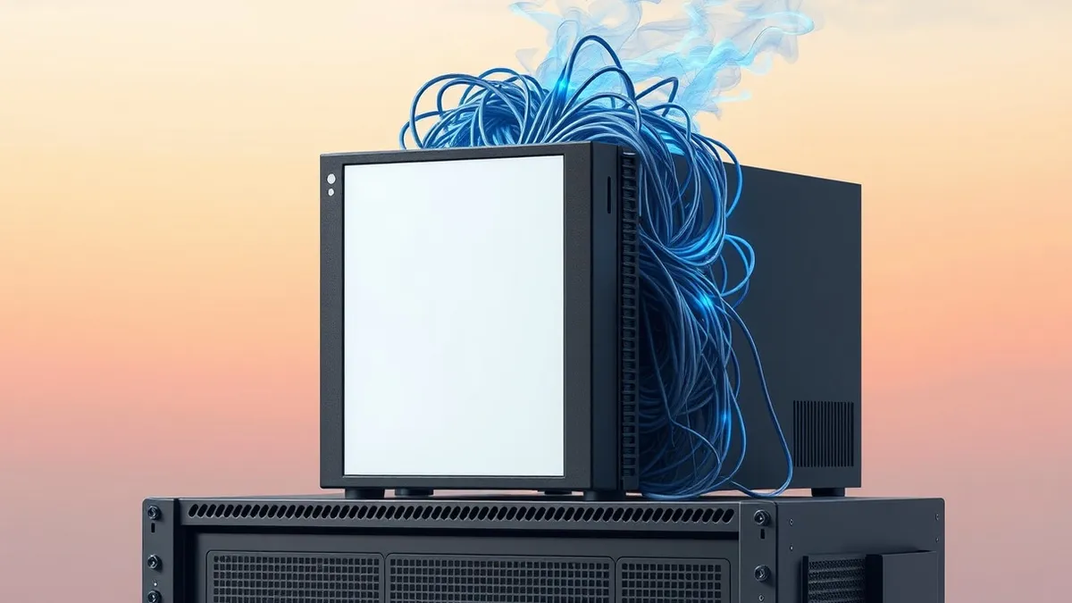 Illustration: A sleek, dark-grey network firewall appliance sits on a metal rack with its blank front panel facing forward.