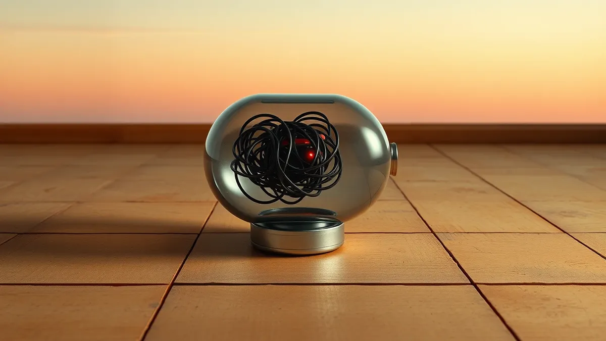 Illustration: A small metallic capsule sits on a dusty wooden floor, its surface smooth and featureless.