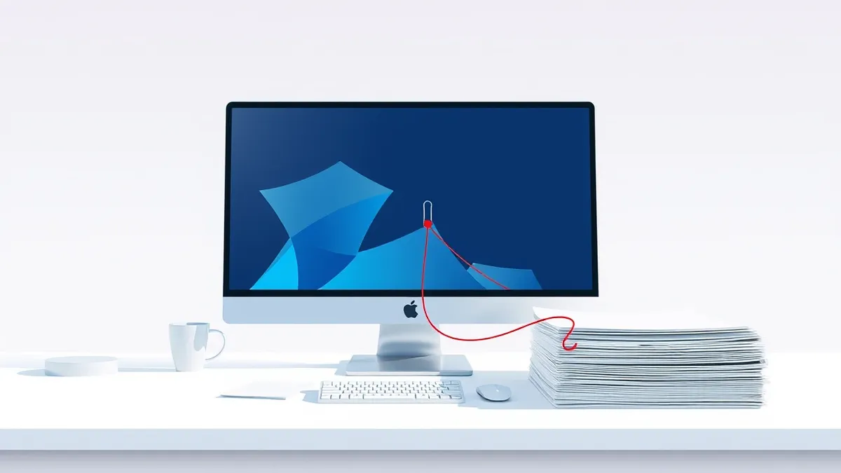 Illustration: A sleek desktop computer sits on a clean white desk, its screen displaying abstract geometric shapes in soft blue tones.