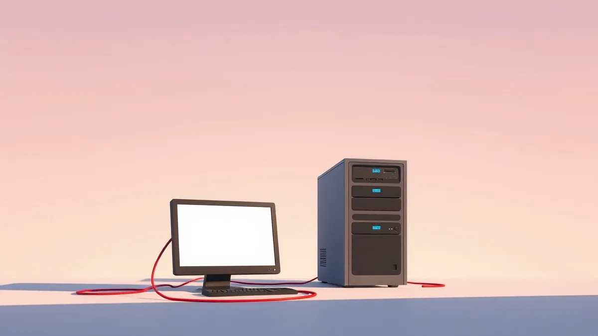 Illustration: A small office workstation sits beside a generic server tower, with thin red wires connecting them directly.