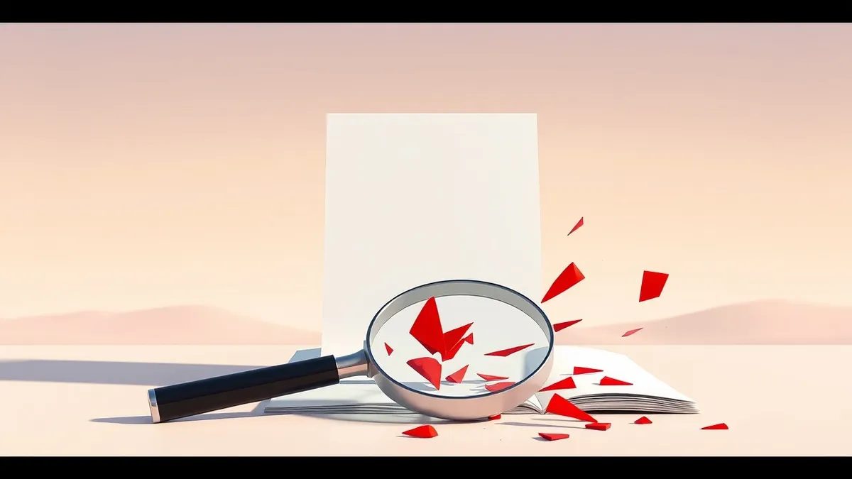 Illustration: A blank digital document floats above a fractured magnifying glass, with jagged red shards scattering from the lens.