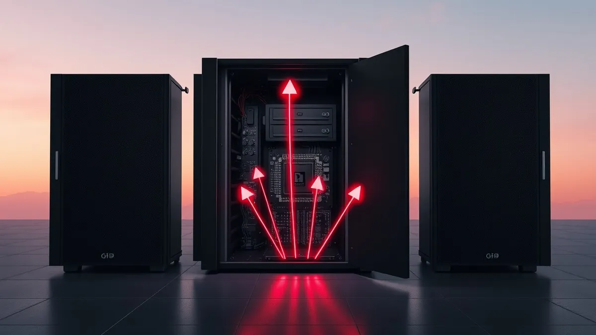 Illustration: A sleek black database server sits in a dark room with its front panel open, exposing intricate circuitry.