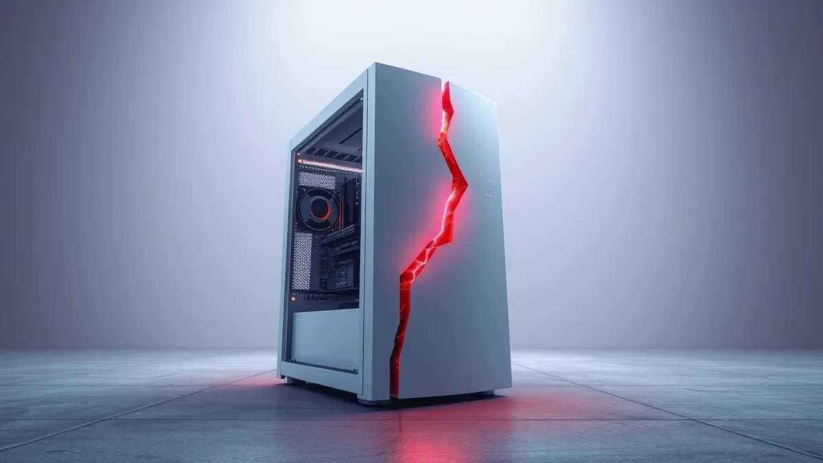 Illustration: A sleek white server tower sits isolated on a concrete floor, its front panel slightly ajar to reveal glowing circuit boards inside.