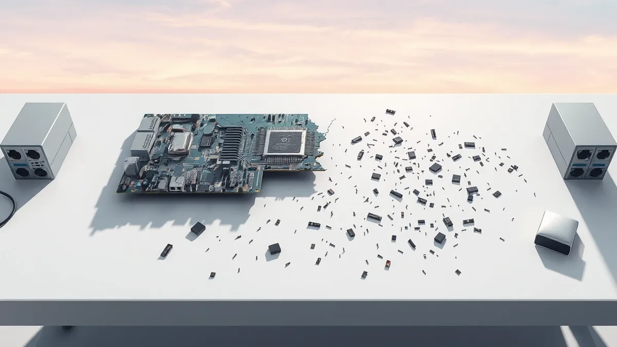 Illustration: A fractured computer motherboard lies on a clean white workbench, its central processor chip cracked down the middle.