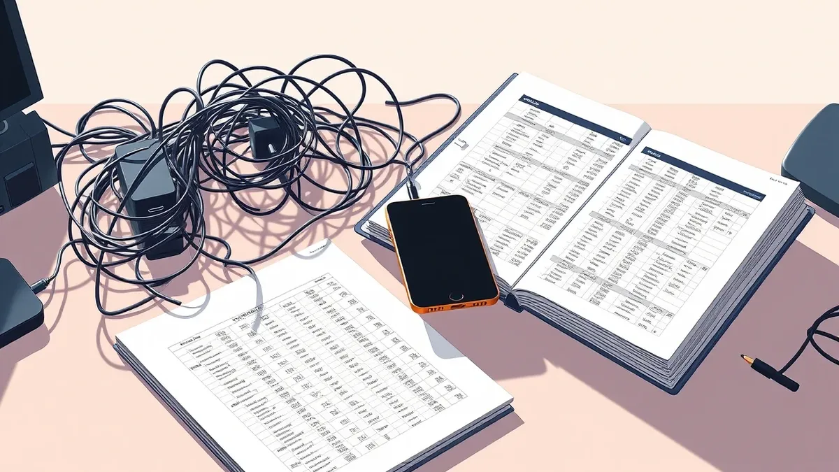 Illustration: A tangled nest of thin cables snakes across a cluttered desk, connecting directly to a dormant smartphone.