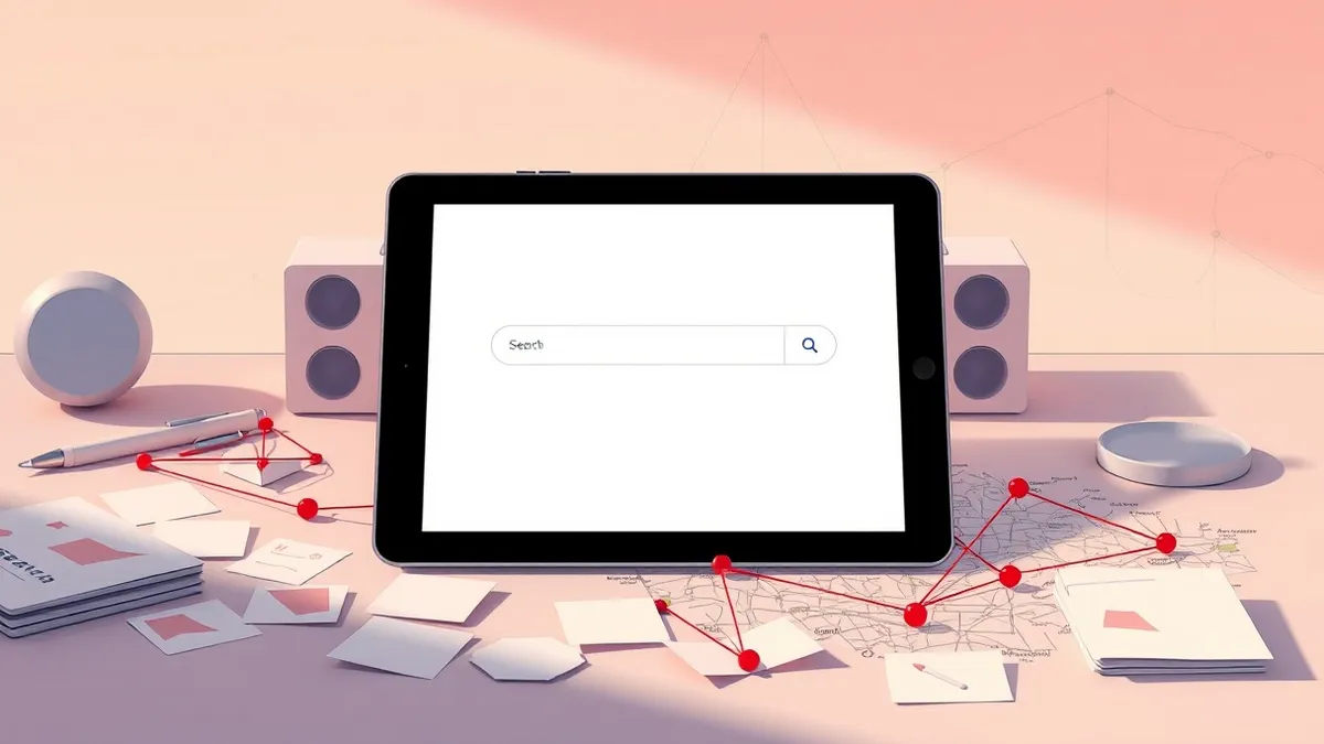 Illustration: A clean desk holds a tablet displaying a blank search interface, surrounded by scattered paper notes with abstract geometric shapes.
