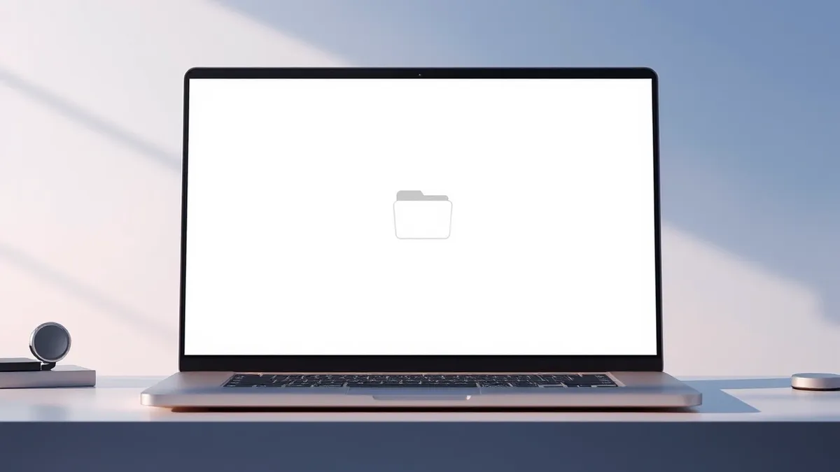 Illustration: A silver laptop sits on a desk with a blank monitor displaying a single, isolated folder icon.