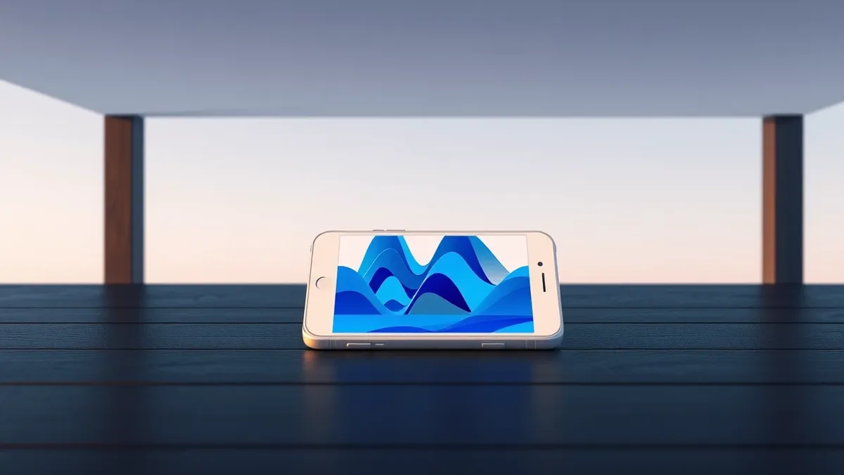 Illustration: A sleek white smartphone rests on a dark wooden table, its screen displaying abstract blue waveform shapes that distort into fragmented geometric patterns.