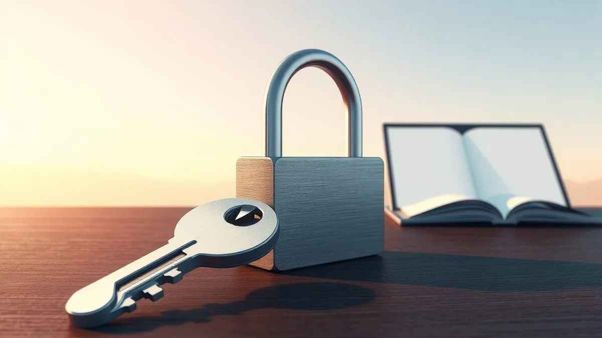 Illustration: A sleek silver key rests on a dark wooden desk, partially inserted into a lock mechanism that has been bypassed by a small, jagged array of metallic shards.