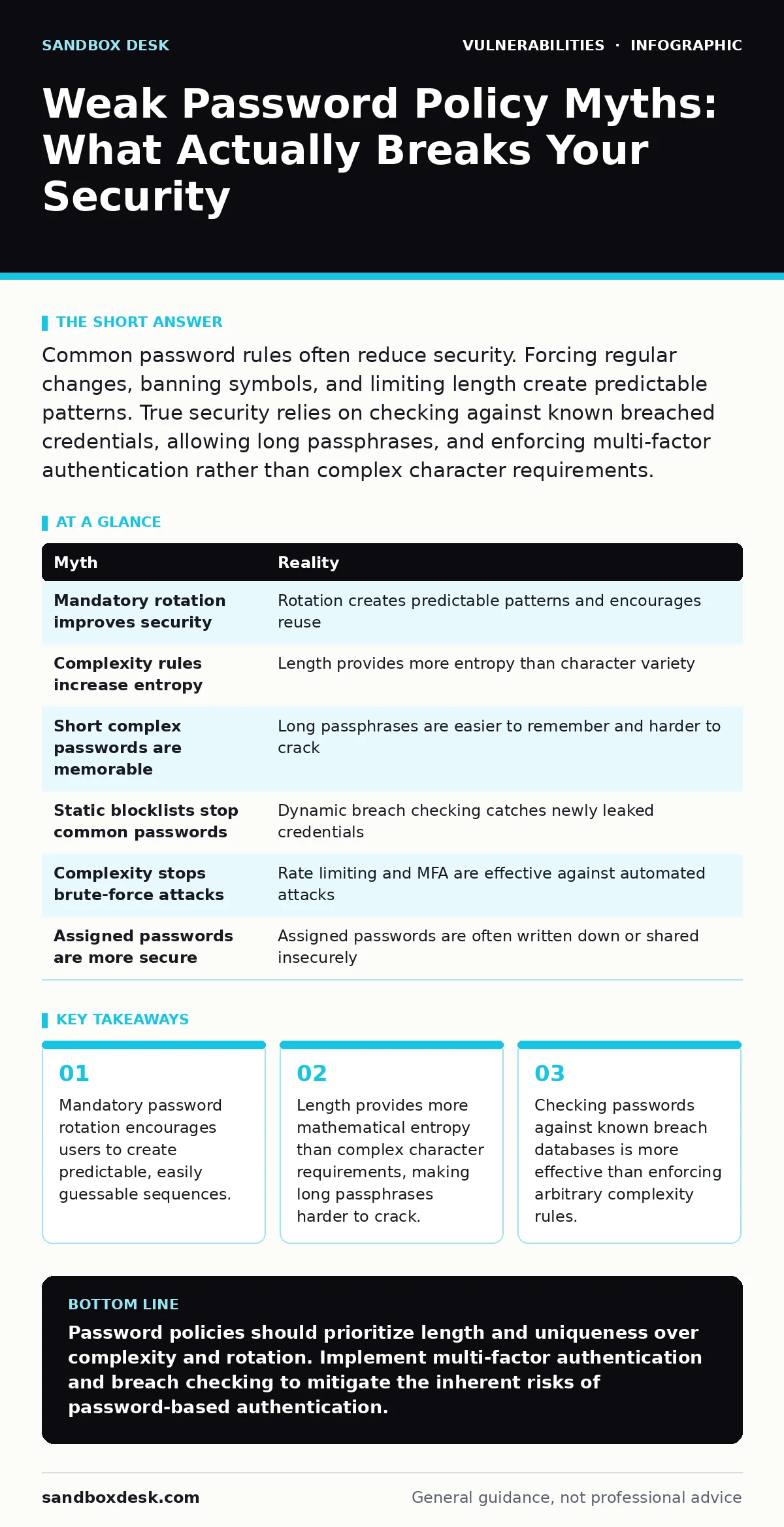 Infographic: Weak Password Policy Myths: What Actually Breaks Your Security. Mandatory password rotation encourages users to create predictable, easily guessable sequences. Length provides more mathematical entropy than complex character requirements, making long passphrases harder to crack. Checkin