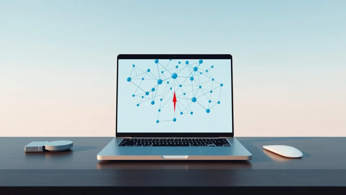 Illustration: A sleek silver laptop sits on a dark wooden desk.