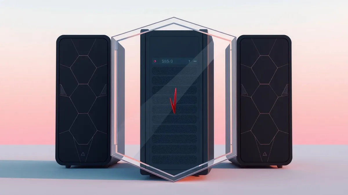 Illustration: A sleek black server sits behind a translucent shield made of interlocking geometric shapes.