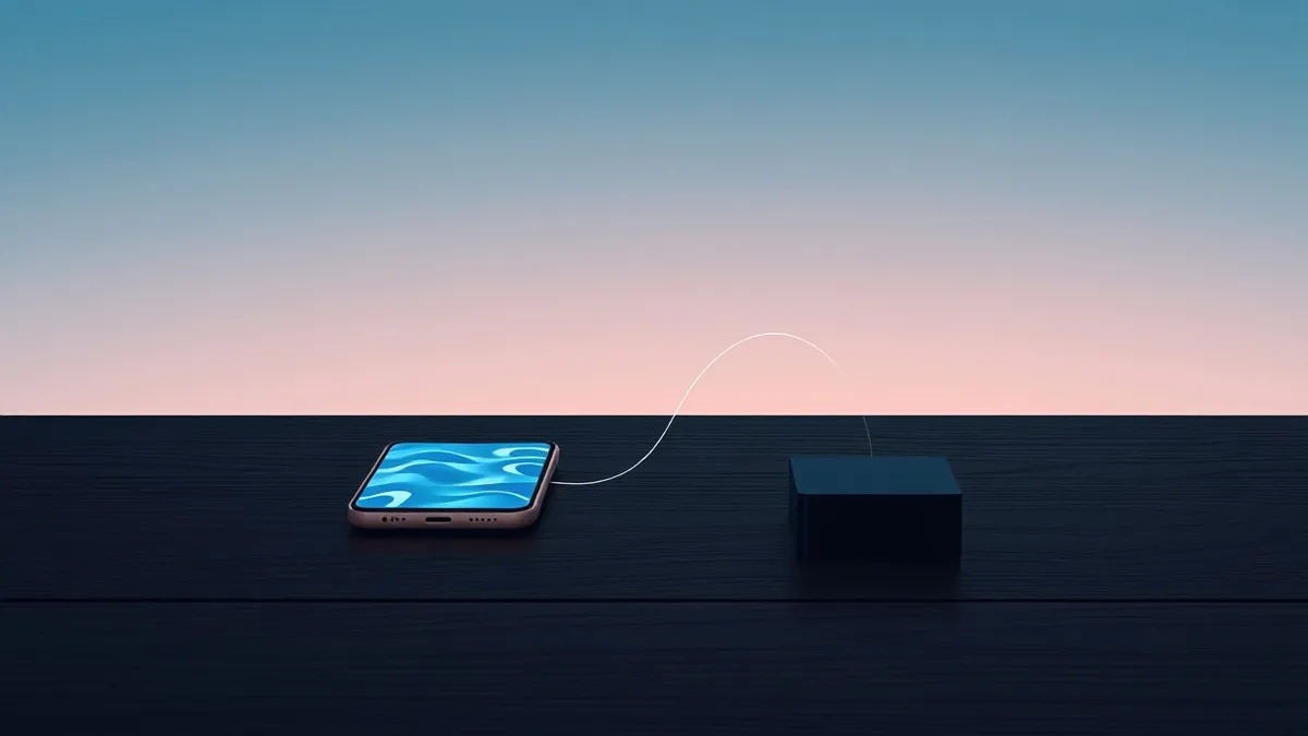 Illustration: A smartphone rests on a dark wooden table, its screen glowing with faint abstract blue waves.