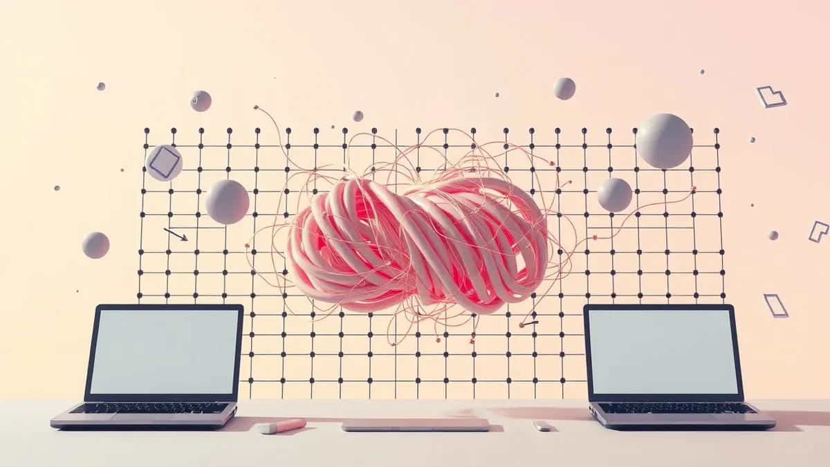Illustration: A tangled knot of thin, glowing data streams twists through a rigid grid of traditional web security filters.