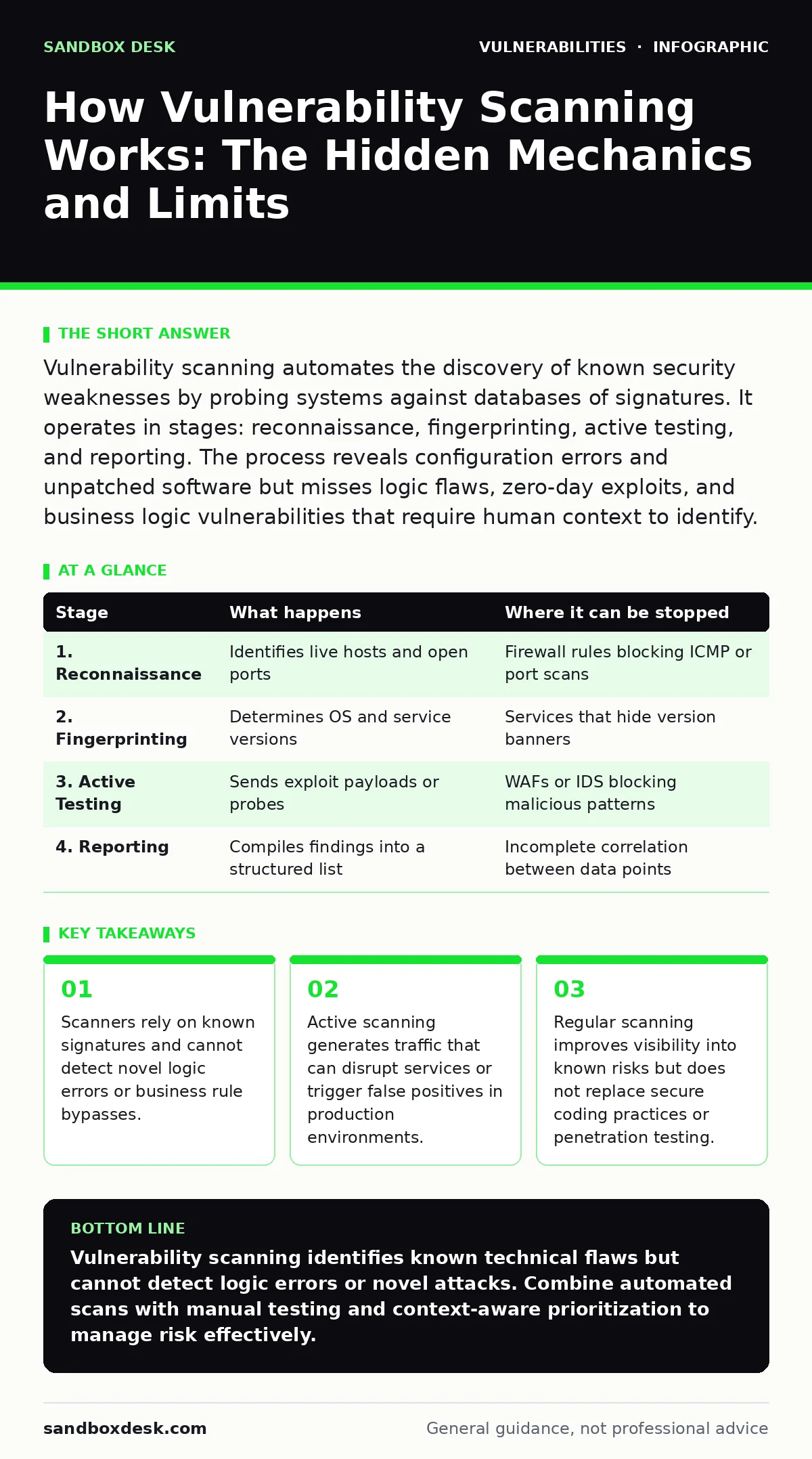 Infographic: How Vulnerability Scanning Works: The Hidden Mechanics and Limits. Scanners rely on known signatures and cannot detect novel logic errors or business rule bypasses. Active scanning generates traffic that can disrupt services or trigger false positives in production environments. Regular