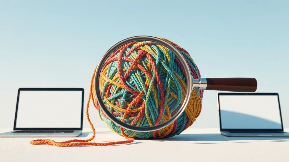 Illustration: A magnifying glass hovers over a tangled ball of colorful yarn.