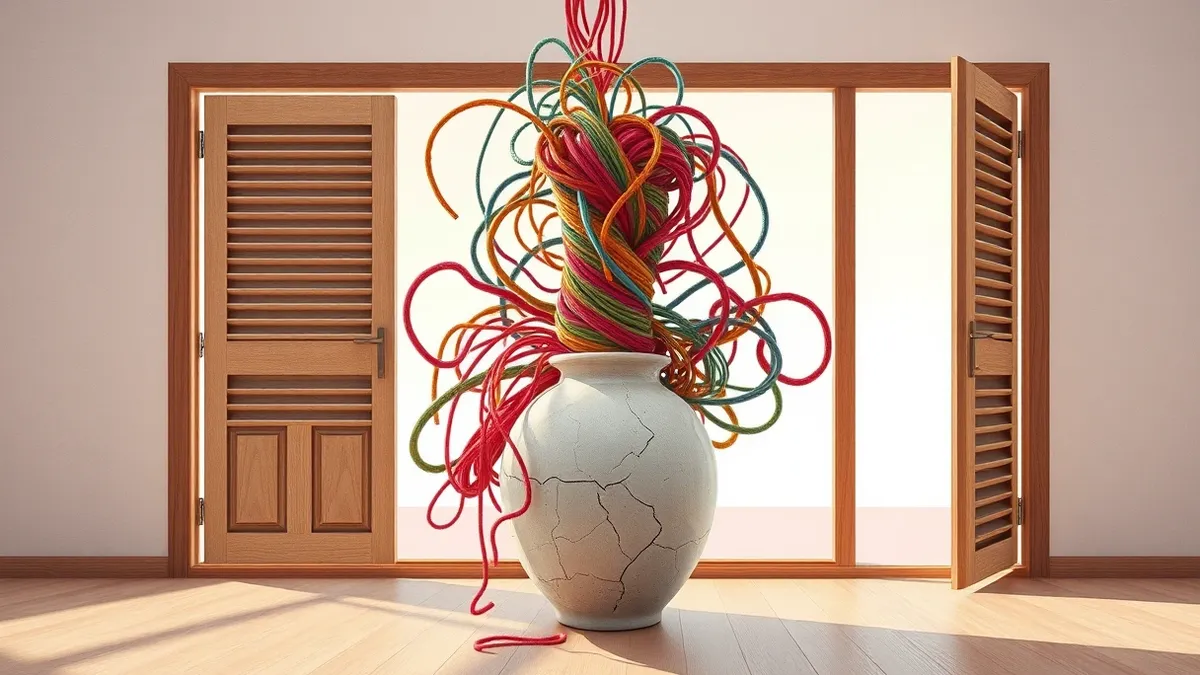 Illustration: A tangled knot of colorful yarn threads emerges from a cracked ceramic vase, weaving through open doorways and loose window shutters in a quiet room.