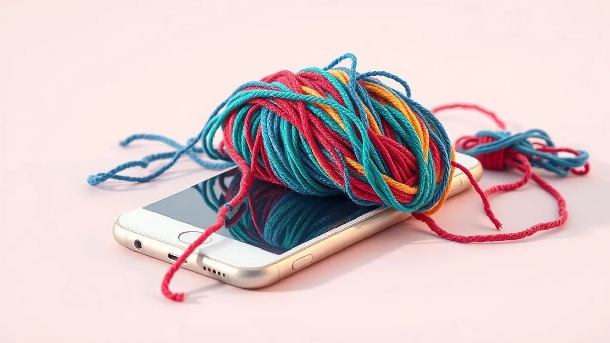 Illustration: A tangled knot of colorful yarn threads sits tightly wrapped around a sleek, white smartphone.