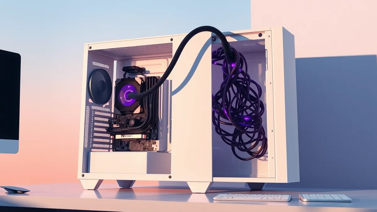 Illustration: A sleek white computer tower sits on a desk, its side panel transparent to reveal the internal components.