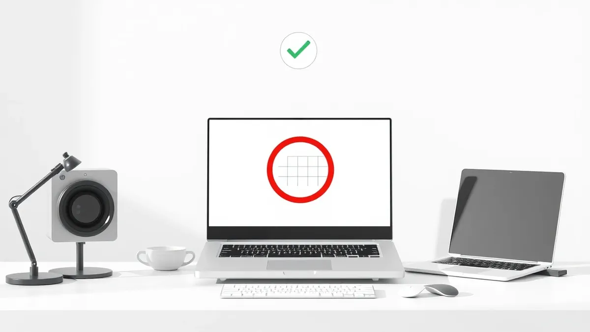 Illustration: A clean, minimalist desk holds a sleek laptop displaying a blank interface with a prominent red circle icon and a simple calendar grid.