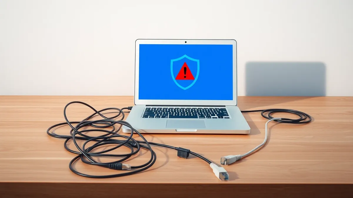 Illustration: A white laptop sits on a wooden desk beside a tangled black power cable.