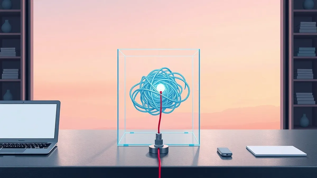 Illustration: A transparent glass cube sits on a metal workbench, containing a tangled knot of glowing blue wires.