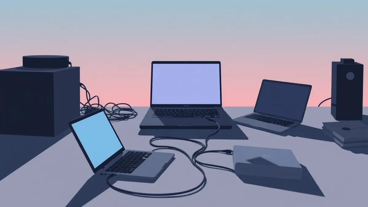 Illustration: A dark, cluttered desk holds a single laptop with its screen open, displaying a blank browser window and a disconnected ethernet cable coiled beside it.