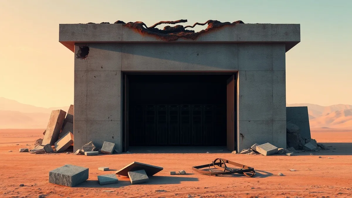 Illustration: A damaged concrete building with a charred hole in its roof sits in a dusty landscape.