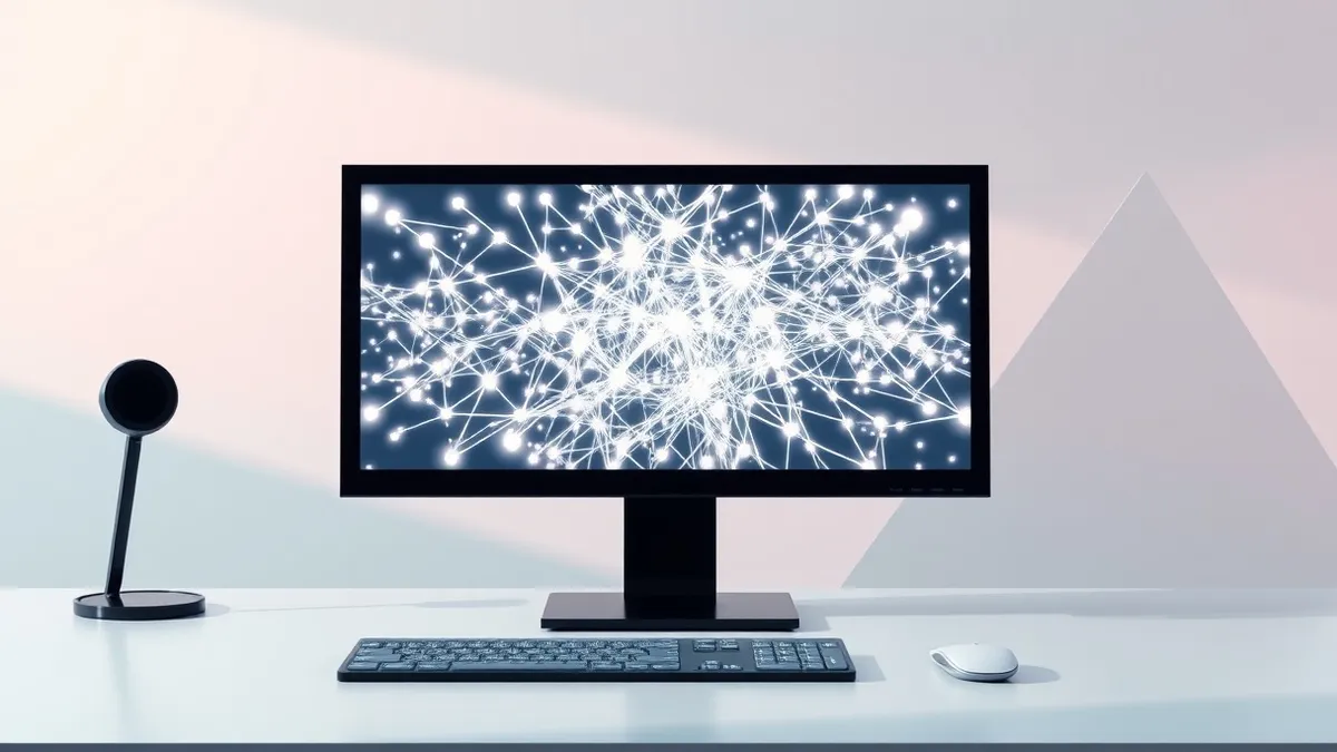 Illustration: A sleek black terminal sits on a minimalist desk, its screen displaying a complex abstract neural network of glowing white nodes.