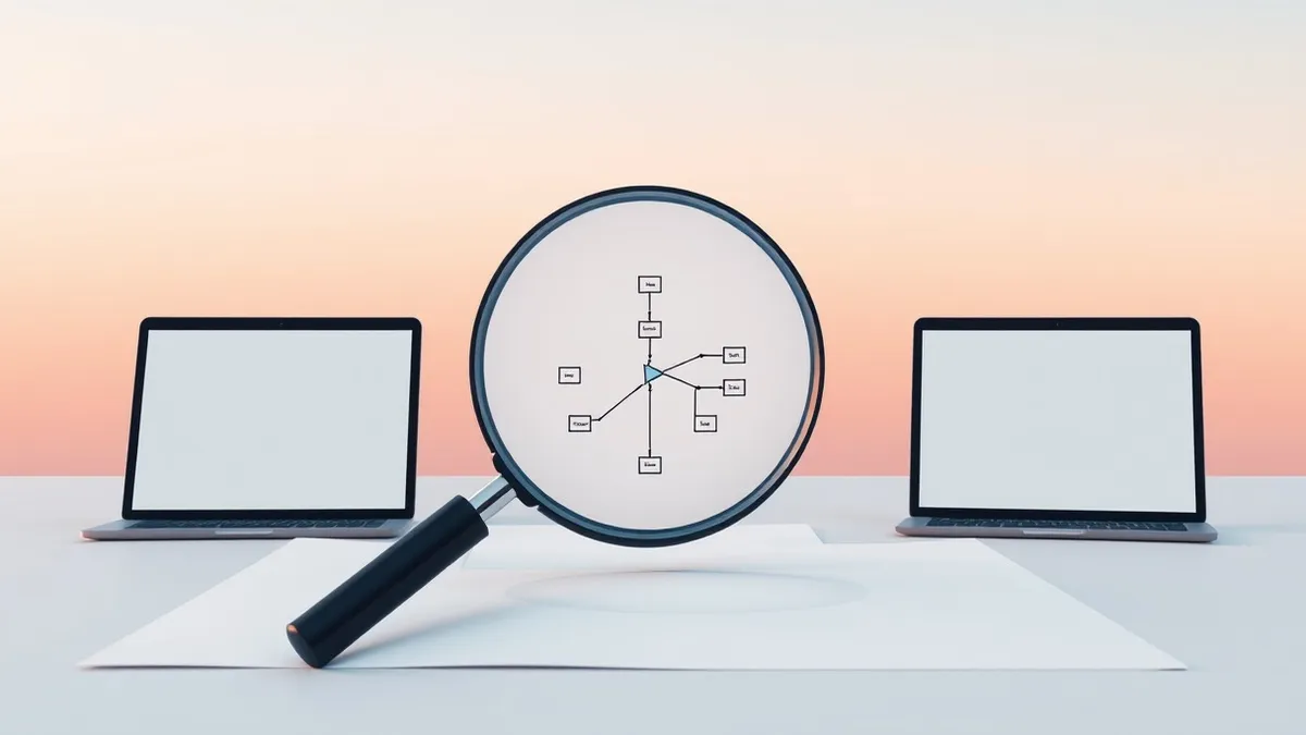 Illustration: A magnifying glass rests on a blank white sheet of paper, enlarging a simple geometric flowchart.