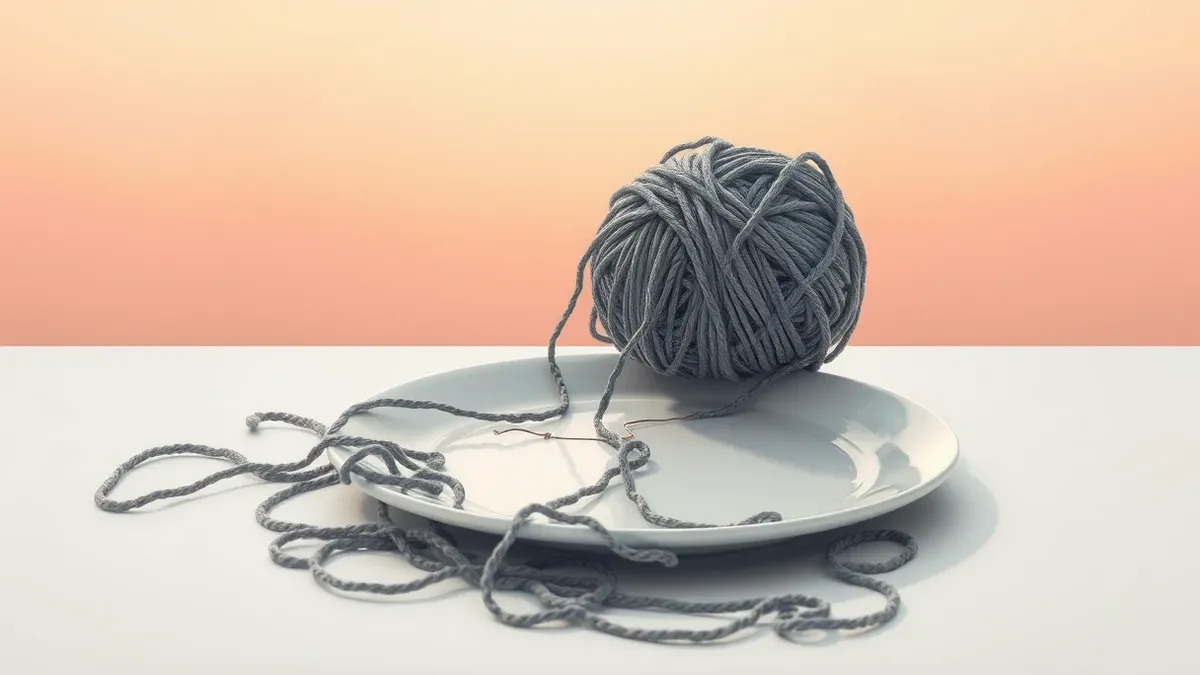 Illustration: A tangled ball of grey yarn sits beside a cracked ceramic plate.