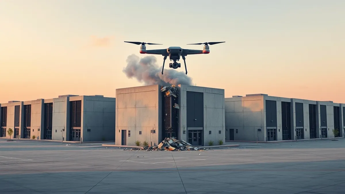 Illustration: A small military drone hovers low over a cluster of modern server buildings.