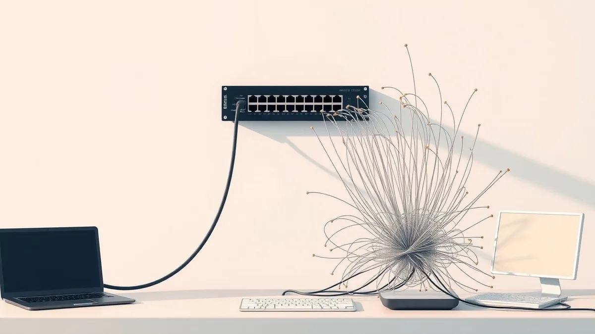 Illustration: A single thick cable connects directly to a network switch on a clean desk, representing a focused single-source test.