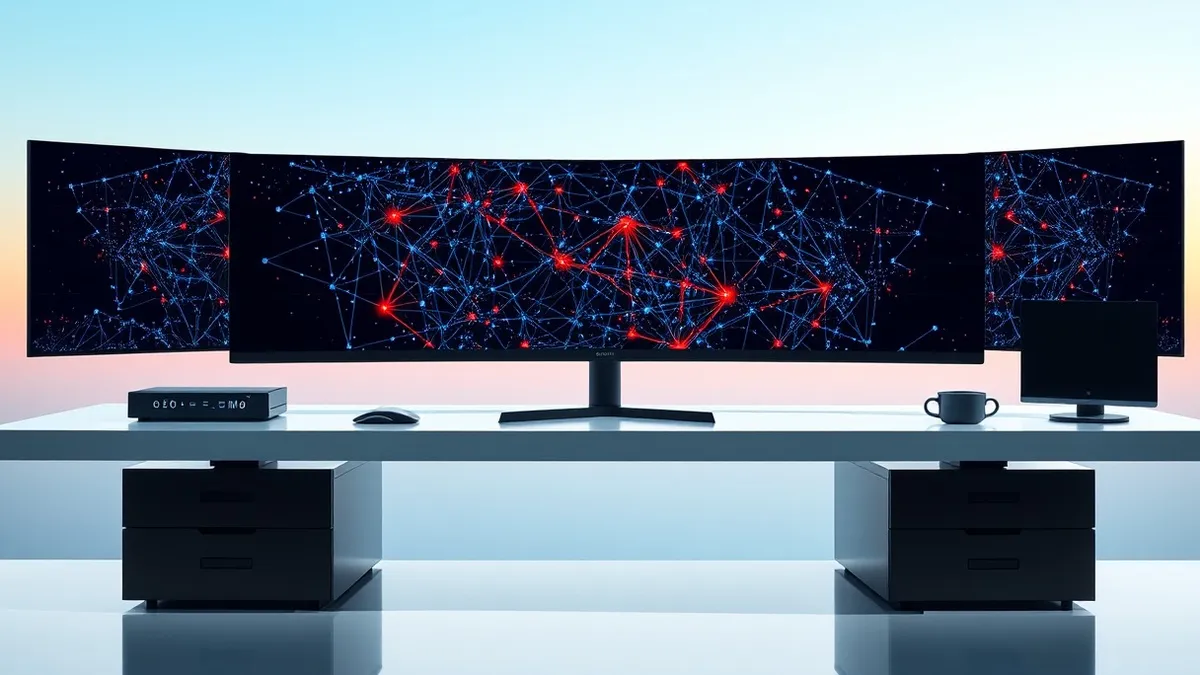 Illustration: A sleek black security console sits on a clean white desk.