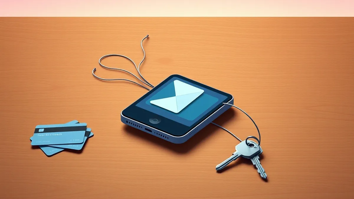 Illustration: A single smartphone lies on a wooden desk with its screen displaying a blank, unlocked email application.