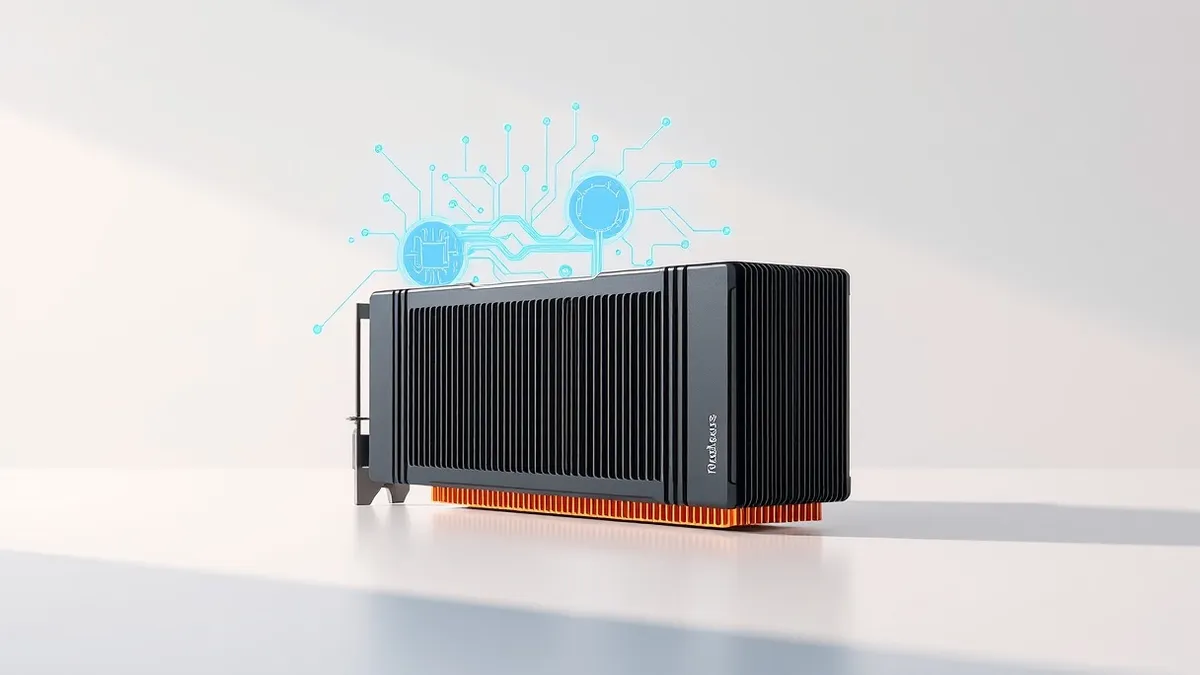 Illustration: A sleek black graphics processing unit sits on a clean white table, its copper heatsink fins gleaming under bright studio lights.