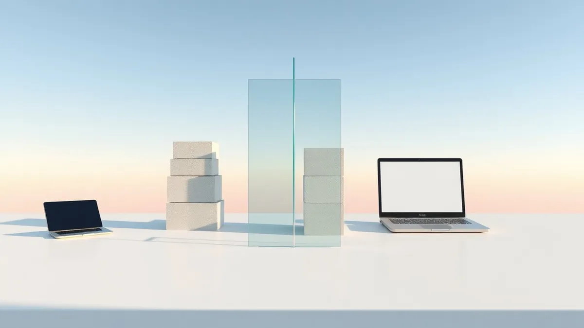 Illustration: A split desk surface separates two identical stacks of abstract geometric blocks on the left from a single, smaller isolated block on the right.