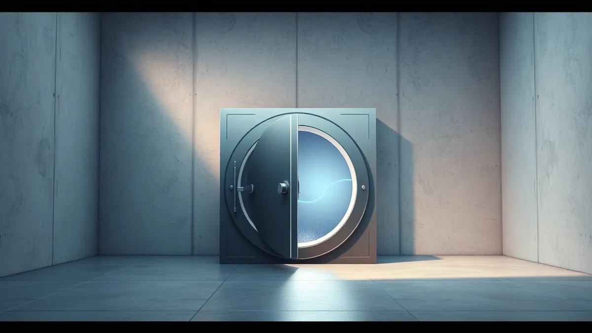 Illustration: A sleek, metallic bank vault door stands slightly ajar in a sterile concrete room.