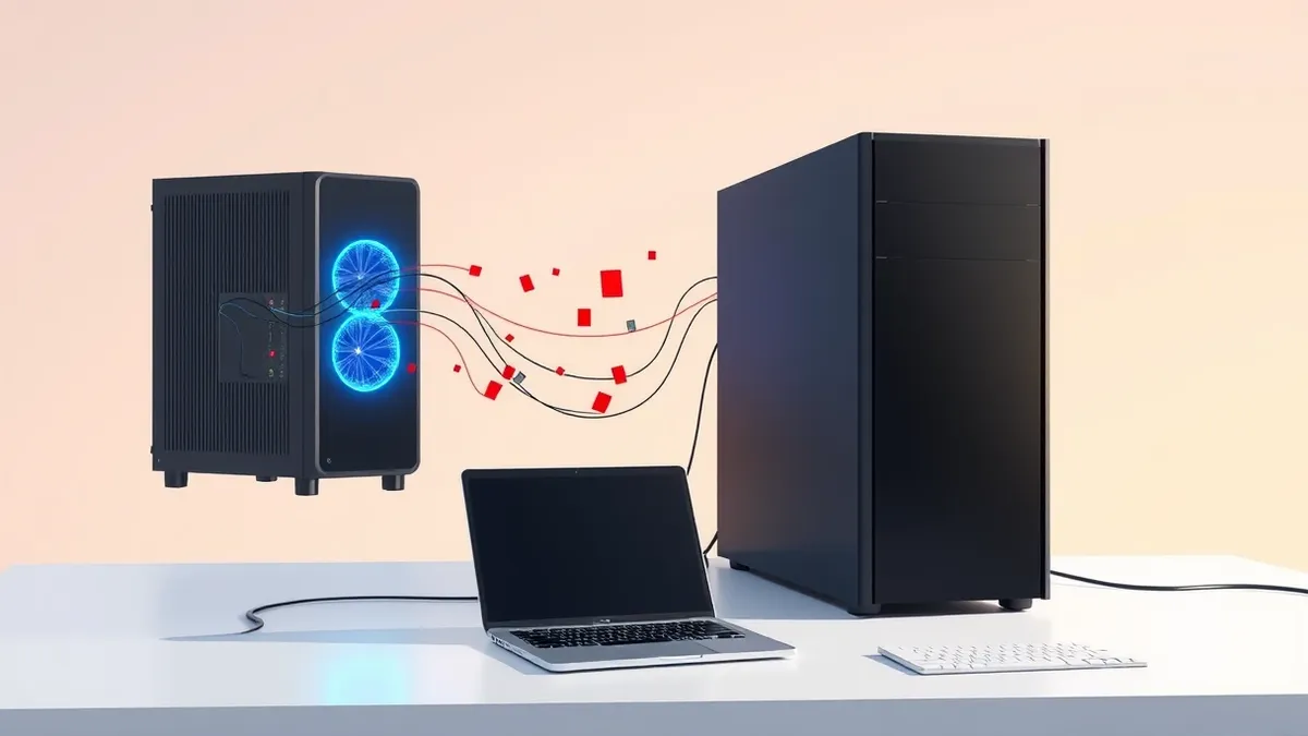 Illustration: A sleek black server tower sits on a clean white desk.