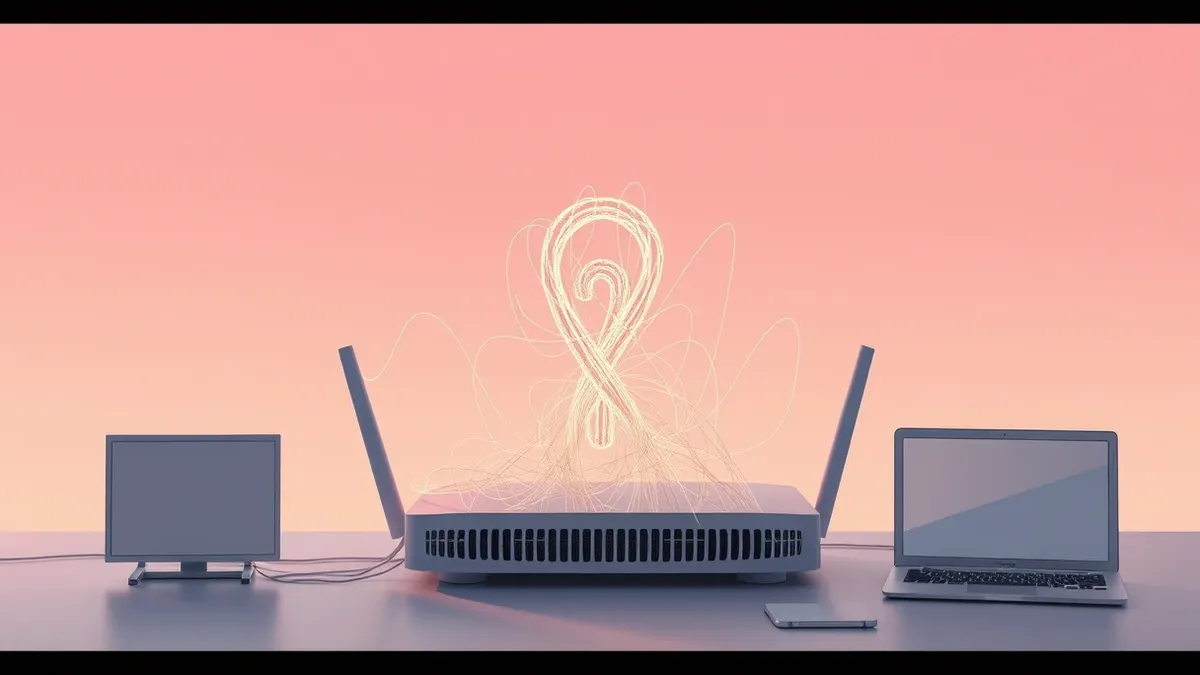 Illustration: A tangled knot of thin, glowing threads emerges from a simple router, weaving through a firewall mesh.