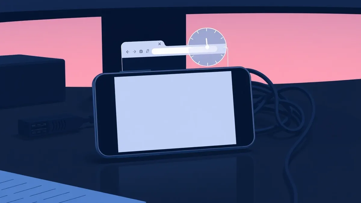 Illustration: A smartphone displays a blank web browser window while a translucent ghostly overlay of a local map and clock icon lingers above the screen.