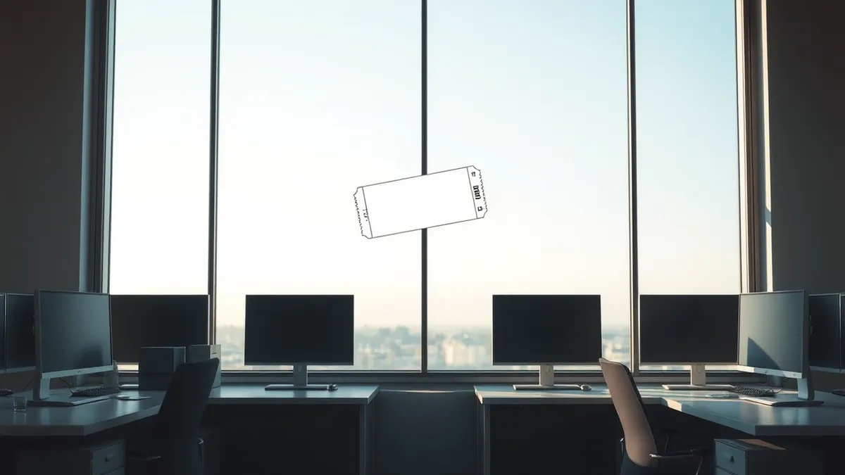 Illustration: A blank digital ticket floats mid-air inside a glass office window, drifting from one computer monitor to another without stopping.