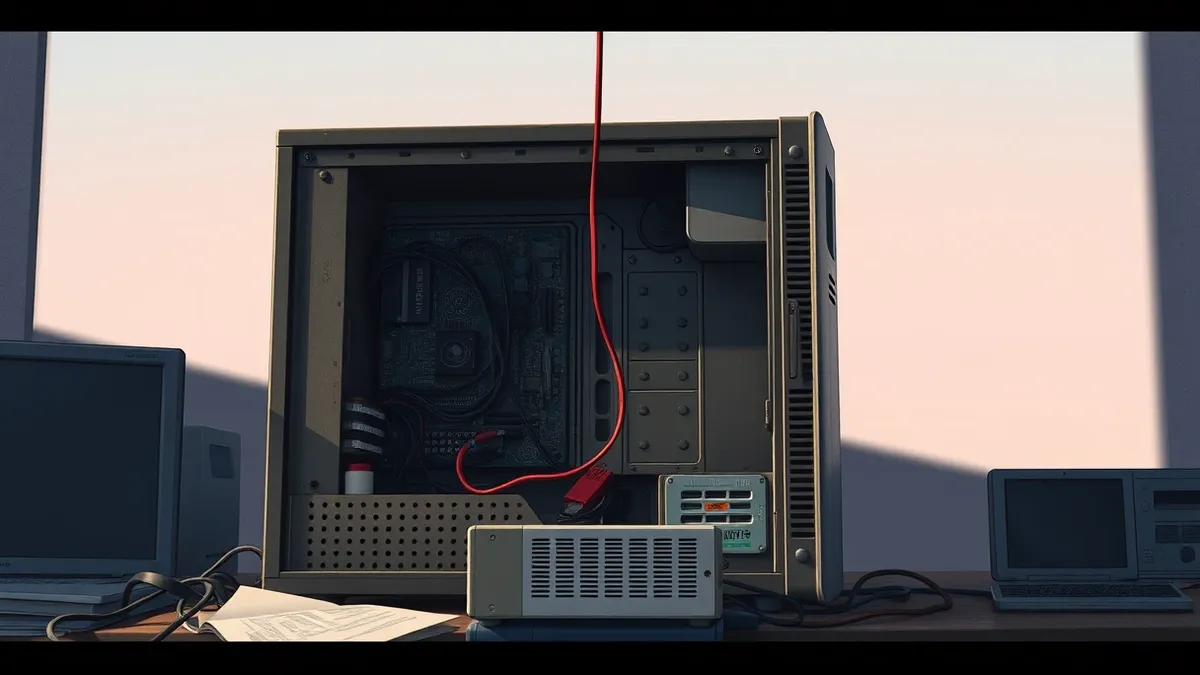 Illustration: A dusty desktop computer tower sits on a cluttered desk with its side panel removed, exposing tangled internal wires and a small circuit board.