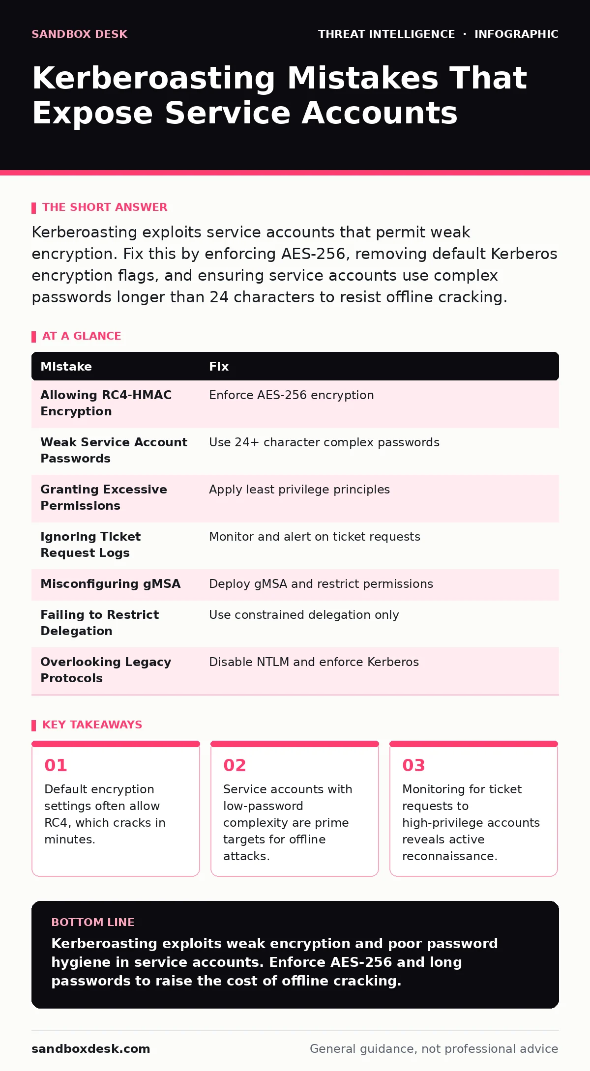 Infographic: Kerberoasting Mistakes That Expose Service Accounts. Default encryption settings often allow RC4, which cracks in minutes. Service accounts with low-password complexity are prime targets for offline attacks. Monitoring for ticket requests to high-privilege accounts reveals active reconn