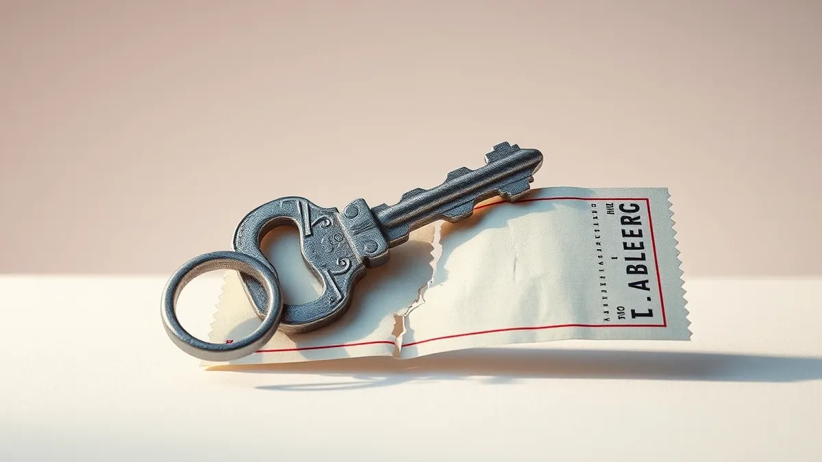 Illustration: A tarnished silver key rests on a cracked, empty glass ticket stub.