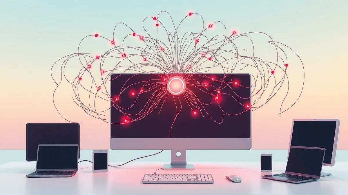 Illustration: A tangled web of thin, translucent tubes connects a central glowing node to various peripheral devices.