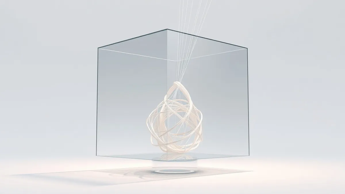 Illustration: A transparent glass cube floats in a white void, containing tangled threads of bright fiber.