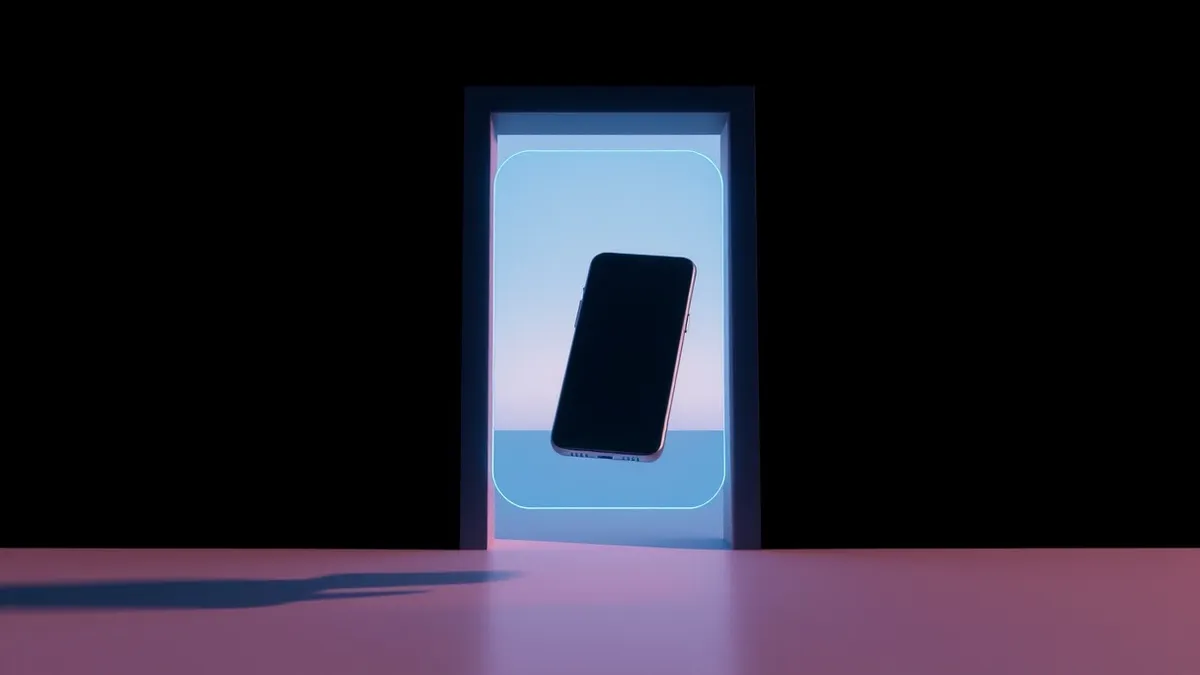 Illustration: A sleek smartphone hovers near a doorframe sensor.