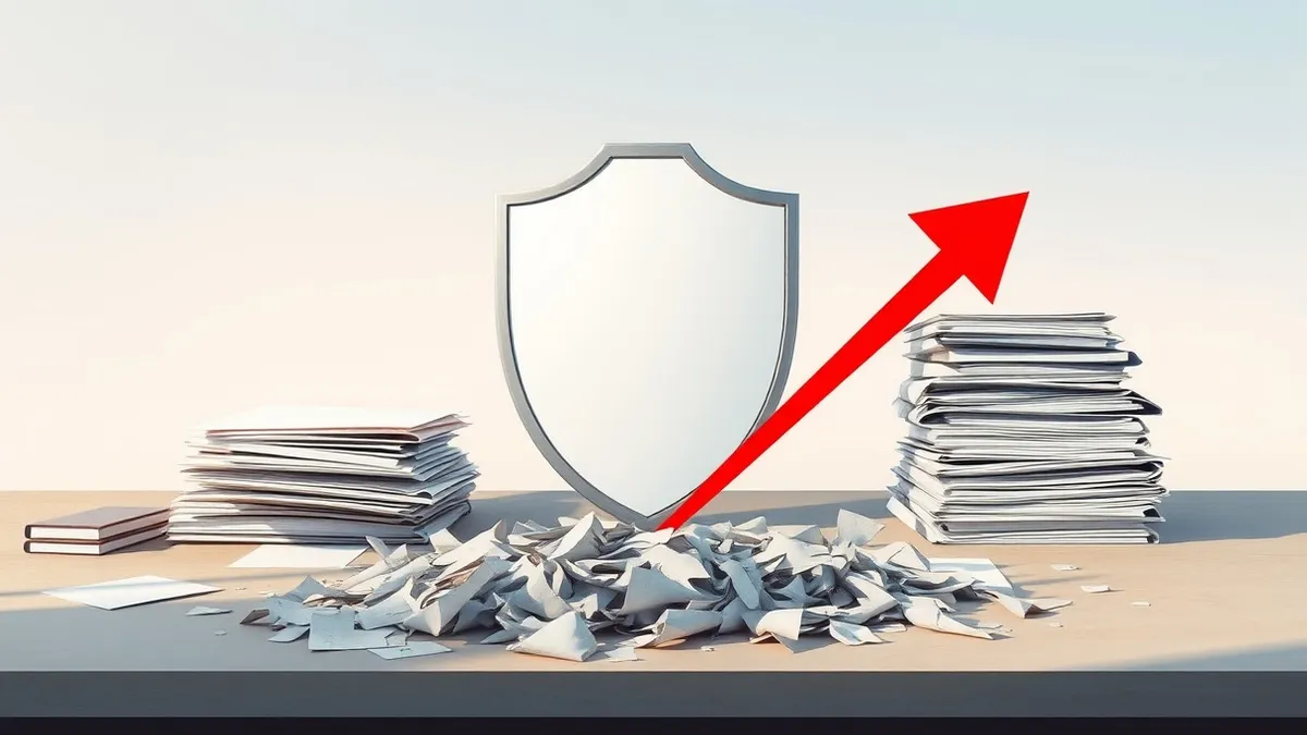 Illustration: A large, blank metal shield rests on a cluttered desk beside a stack of empty white folders.