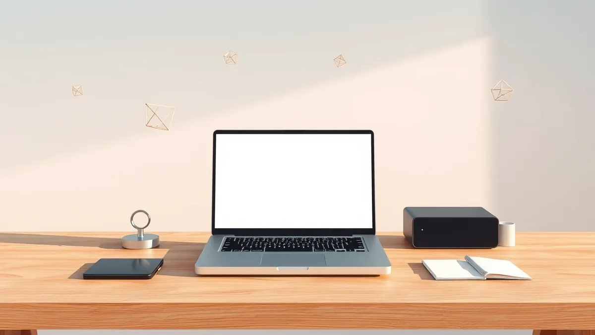 Illustration: A modern laptop sits on a clean wooden desk with its screen displaying a blank web browser window.